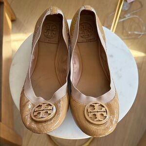 Tory Burch Camel Patent Flats with Logo